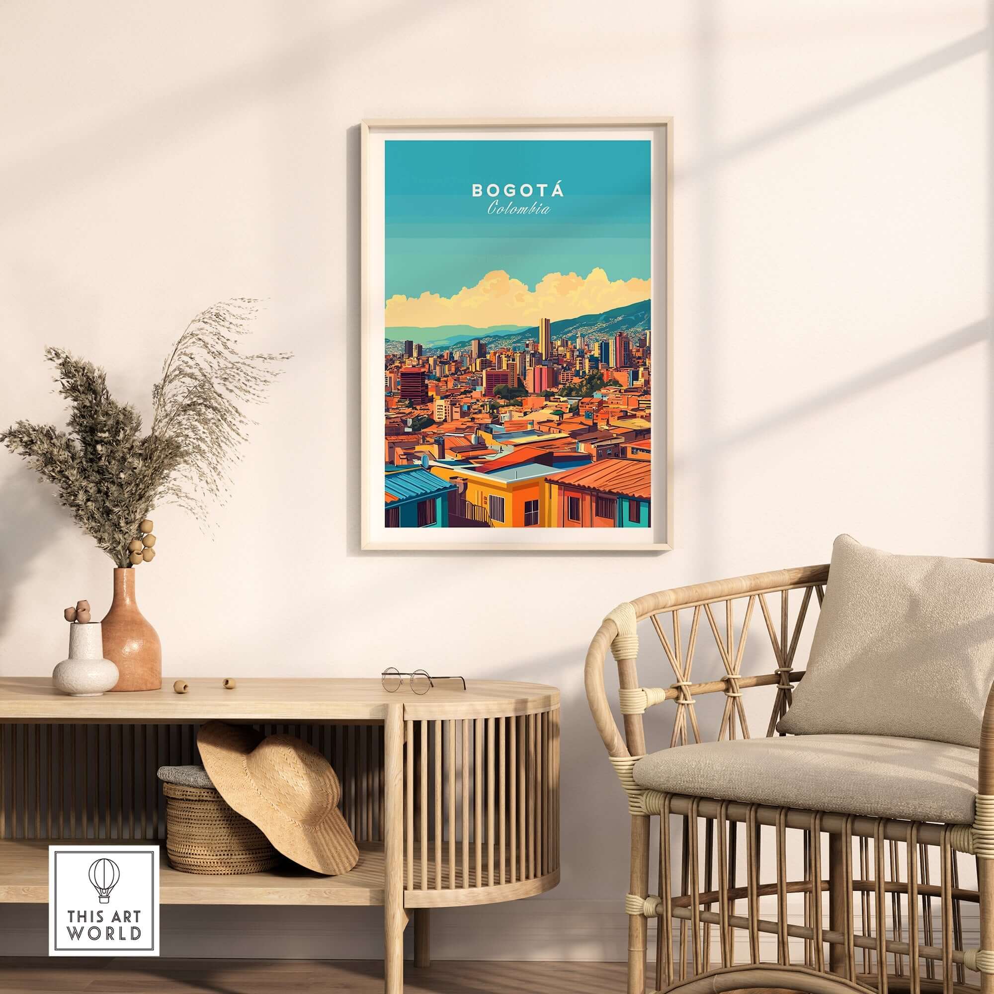 Bogota Print vibrant cityscape art framed in a sunny room with stylish decor and plant.