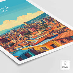 Bogota Print showcasing vibrant cityscape of Bogota, Colombia with colorful rooftops and buildings.