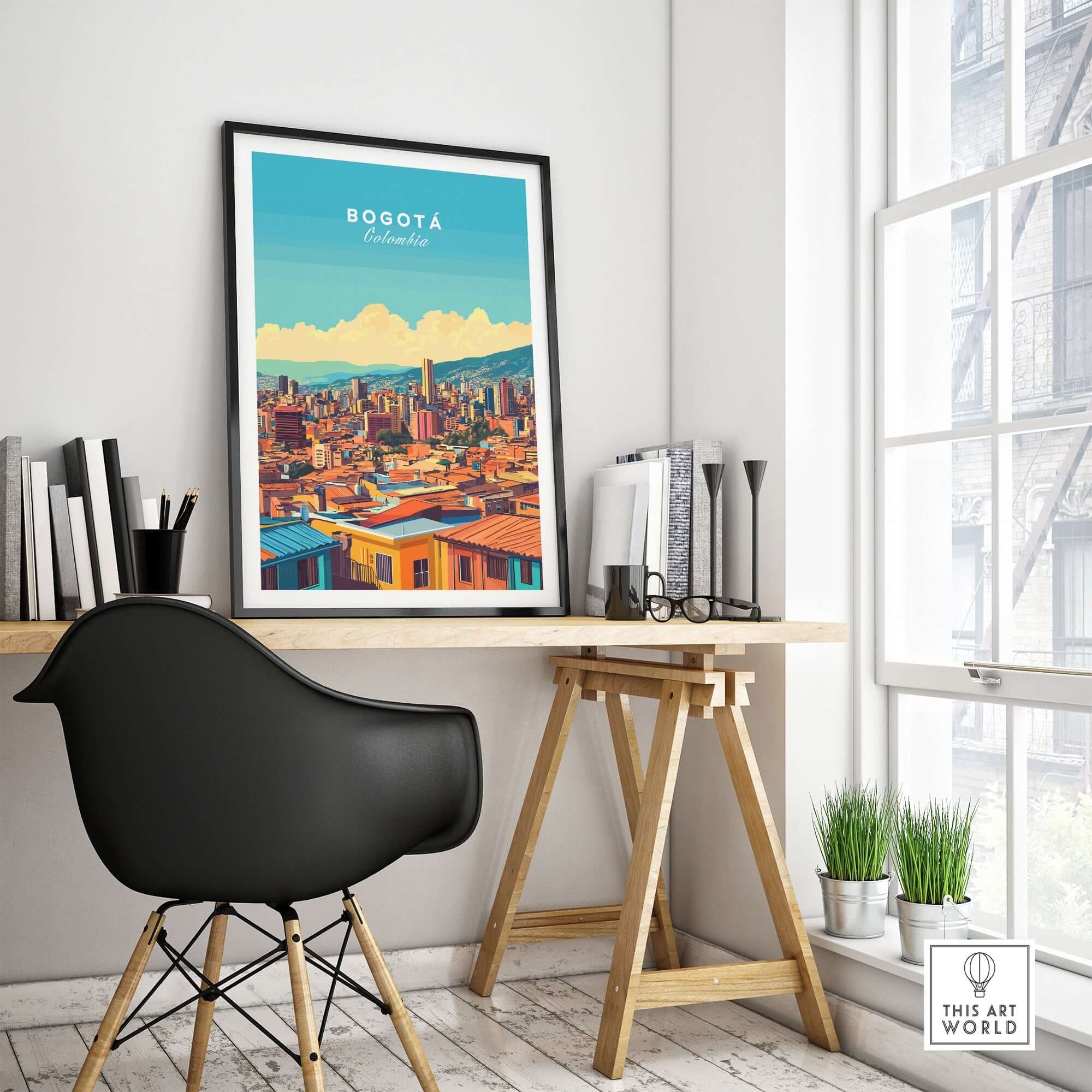 Bogota Print vibrant travel poster in a stylish home office setting with modern furniture.