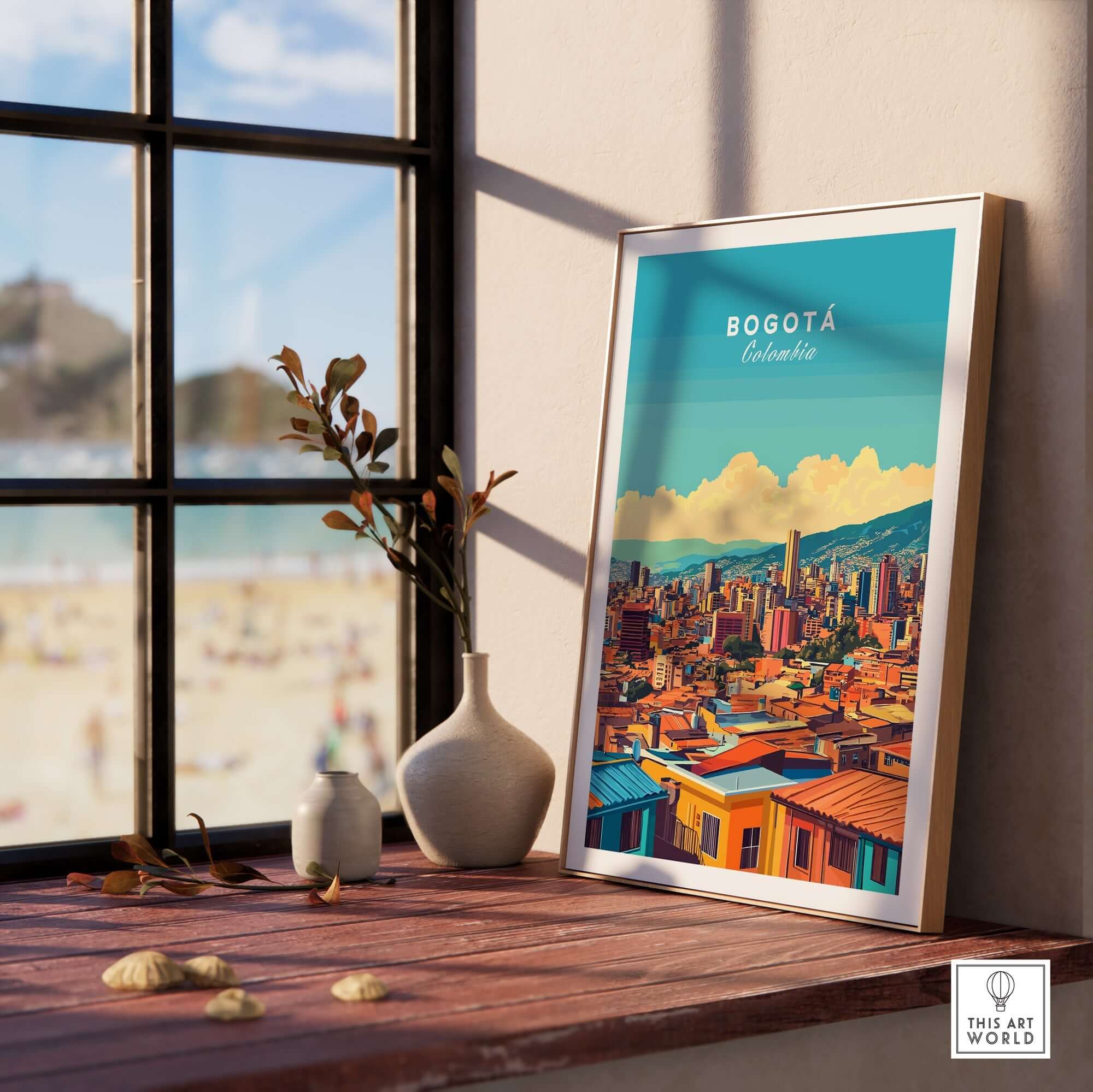 Bogota Print art displayed in a modern living space, showcasing vibrant colors of the Colombian city.