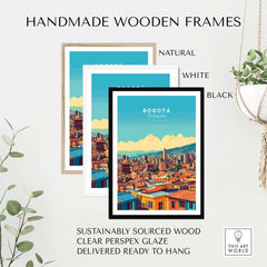 Bogota Print featured in handmade wooden frames: natural, white, and black options, sustainably sourced and ready to hang.