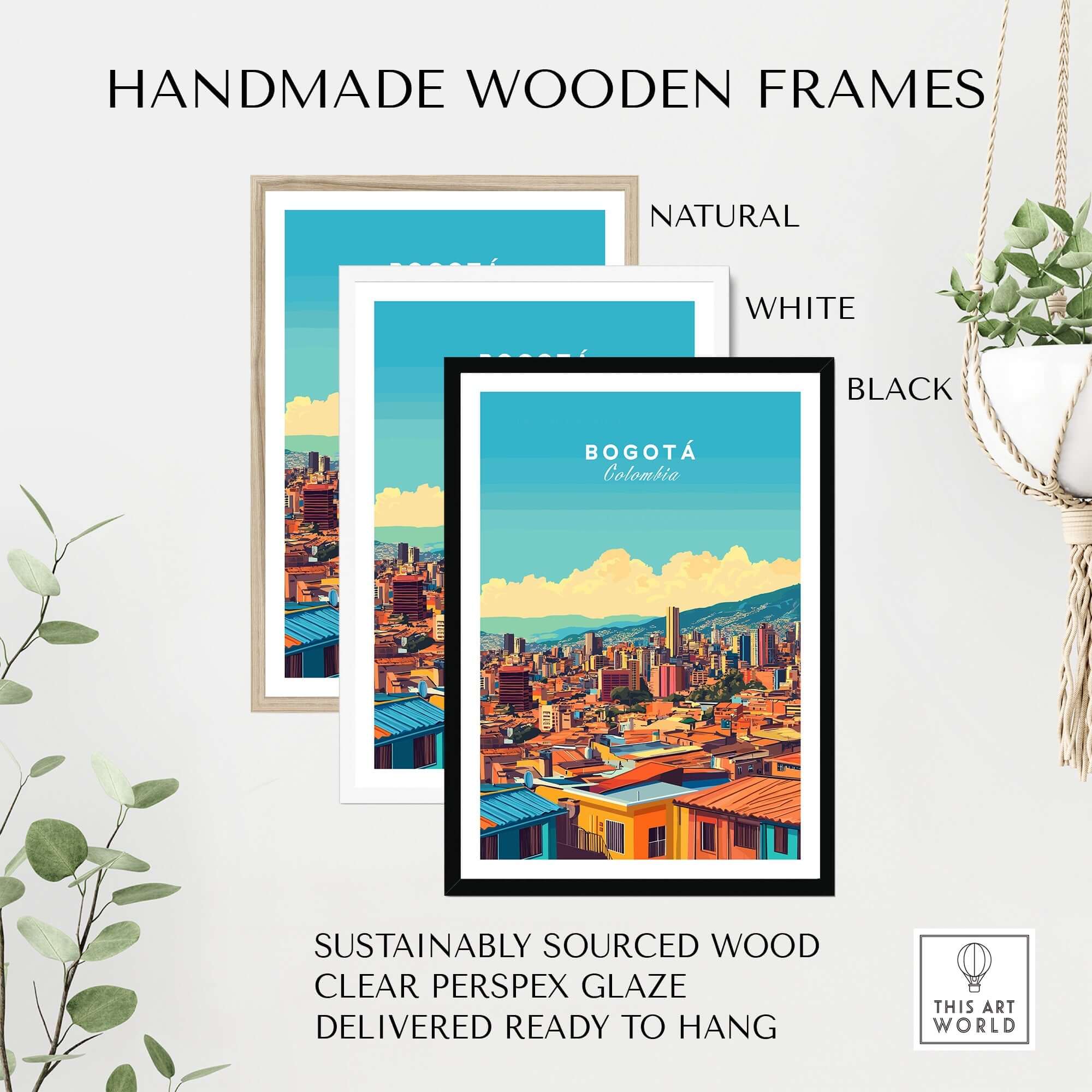 Bogota Print featured in handmade wooden frames: natural, white, and black options, sustainably sourced and ready to hang.
