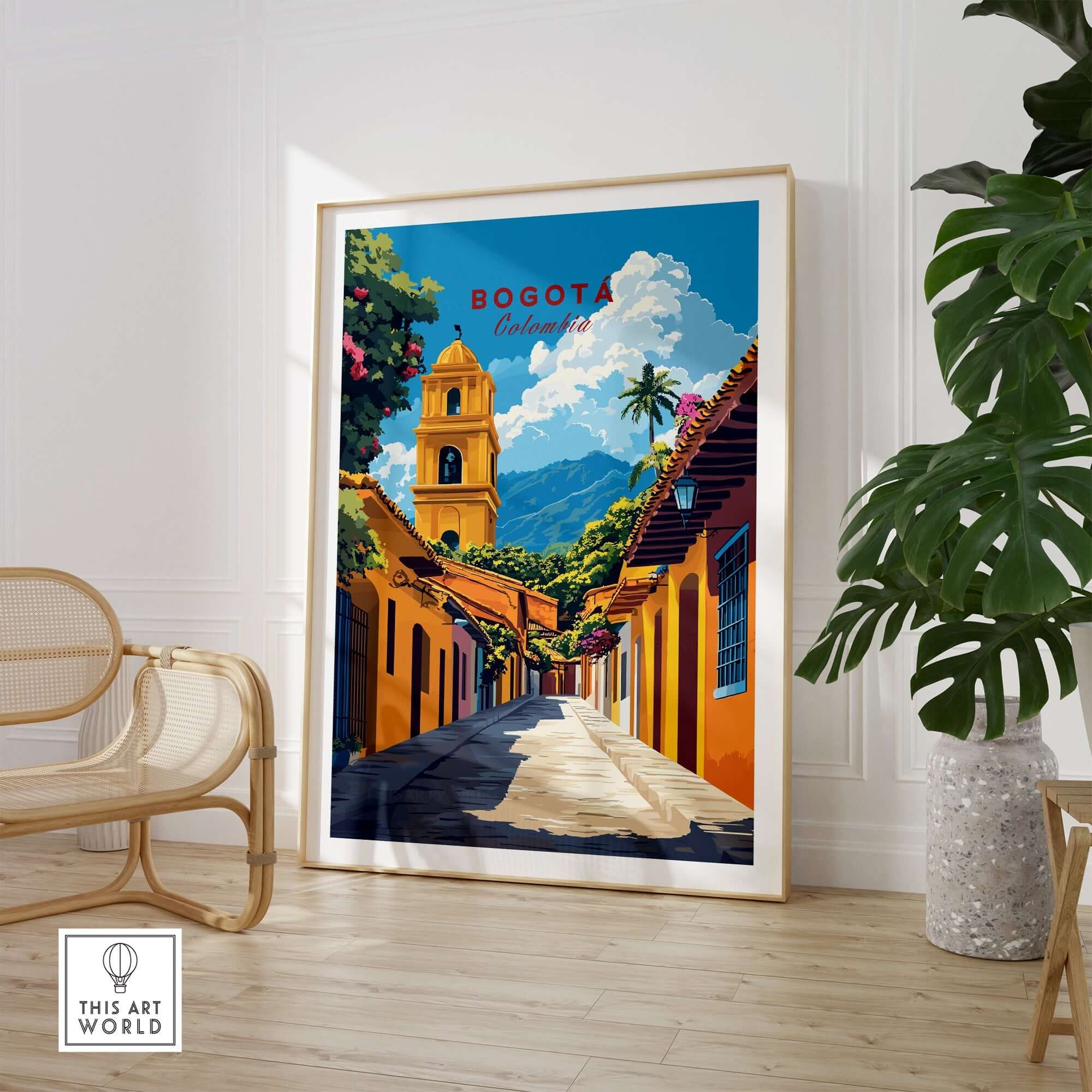 Bogota Print Colombia showcasing vibrant street scene with colorful buildings and mountain backdrop.