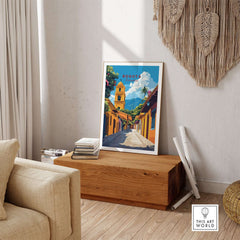 Bogota Print Colombia displayed in a stylish living room, showcasing vibrant colors and cultural beauty of Colombia.