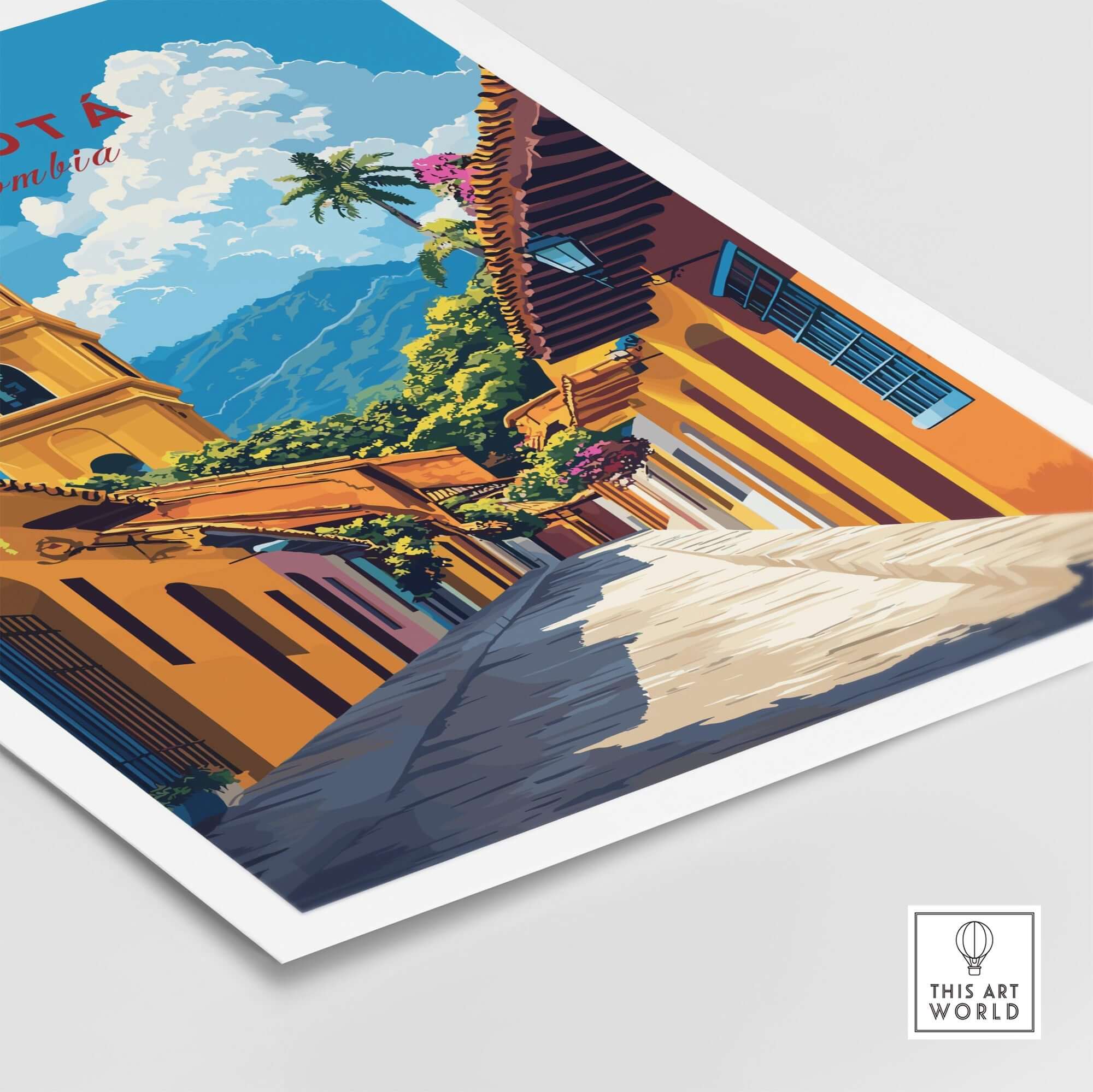 Bogota Print Colombia showcasing a vibrant street scene in Colombia with colorful buildings and lush greenery.