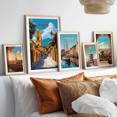 Bogota Print Colombia showcased on a stylish wall above a cozy bed with other travel-themed prints.