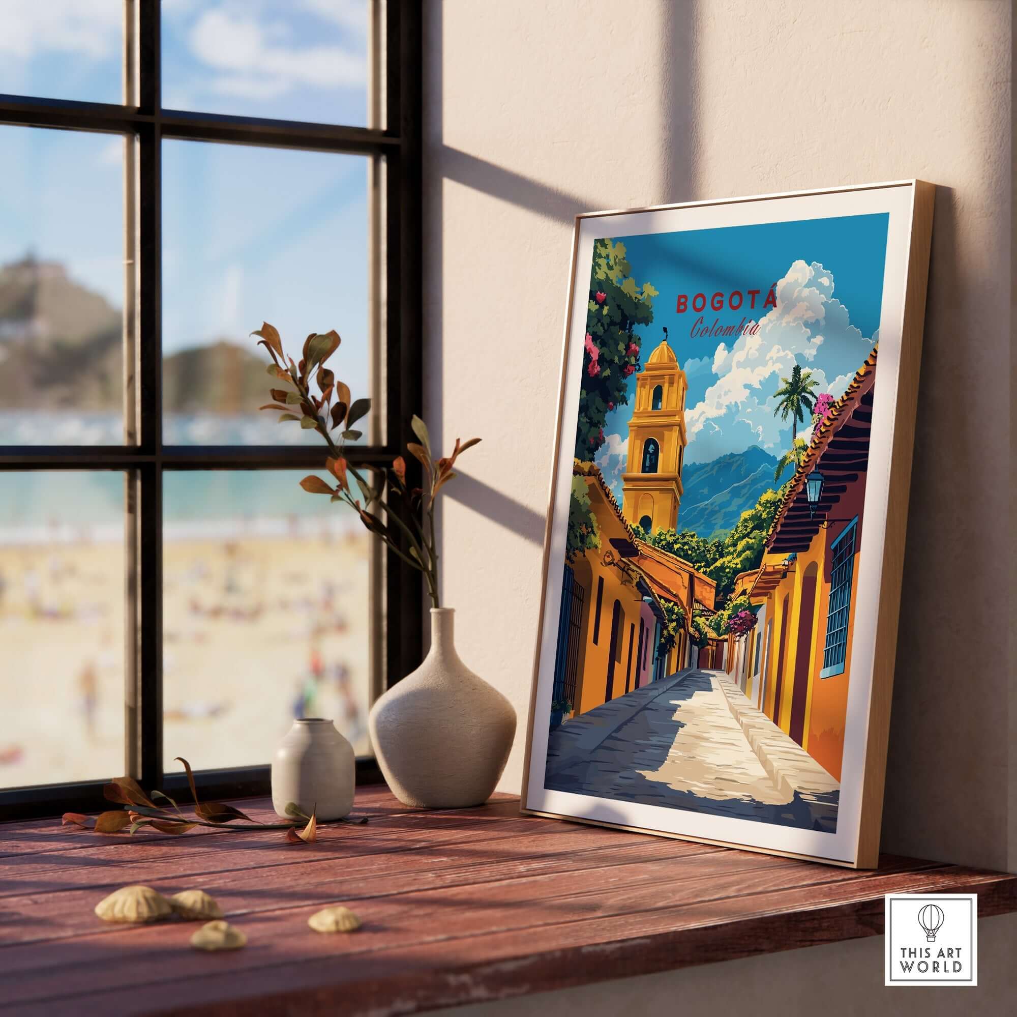 Bogota Print Colombia displayed in a stylish interior, showcasing vibrant scenes of Colombian culture.