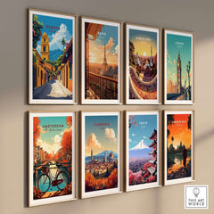 Colorful art prints including Bogota Print Colombia showcasing famous global cities.
