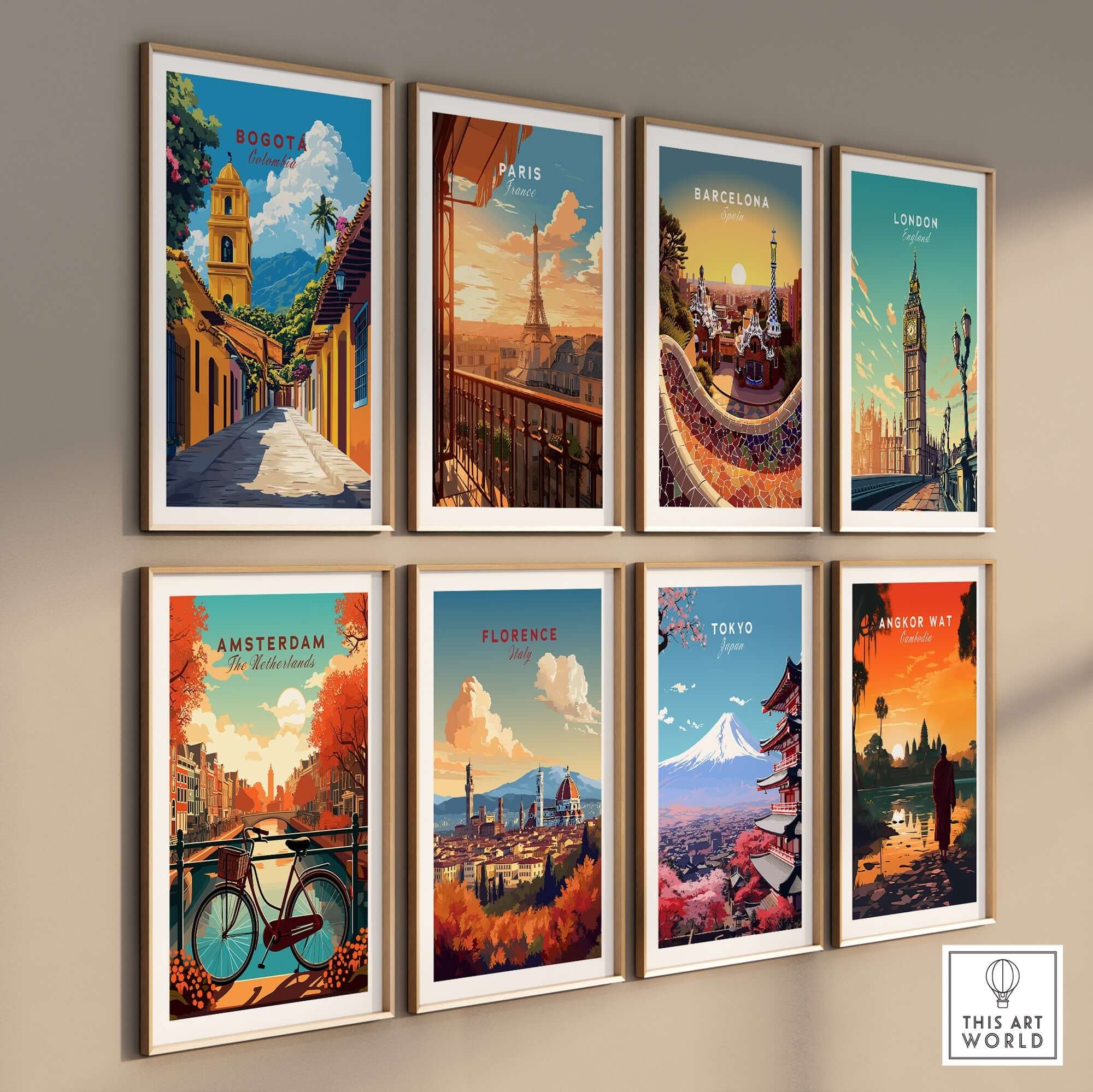 Colorful art prints including Bogota Print Colombia showcasing famous global cities.