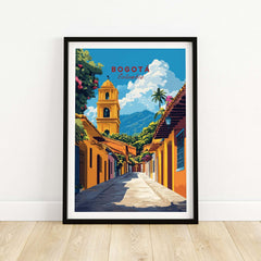 Bogota Print Colombia featuring a vibrant street scene with colorful buildings and a historical tower in Colombia.