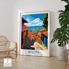 Bogota Travel Poster featuring vibrant colors and architectural beauty of Colombia's capital city.