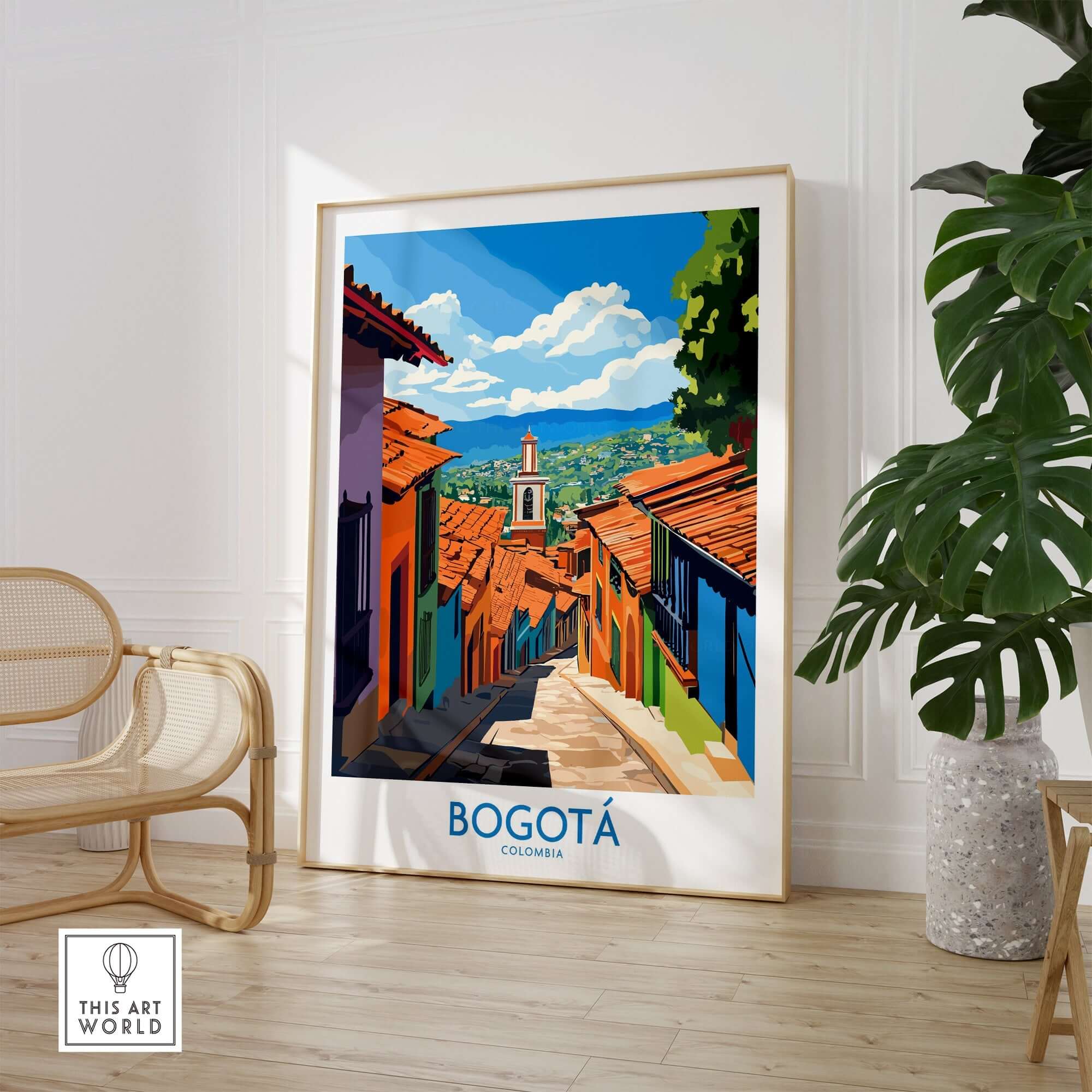 Bogota Travel Poster featuring vibrant colors and architectural beauty of Colombia's capital city.