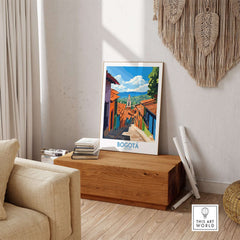 Bogota Travel Poster featuring a colorful street scene from Colombia's capital, enhancing any home decor.