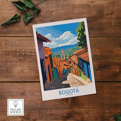 Bogota Travel Poster showcasing a colorful street scene in Colombia's capital city, perfect for home decor.