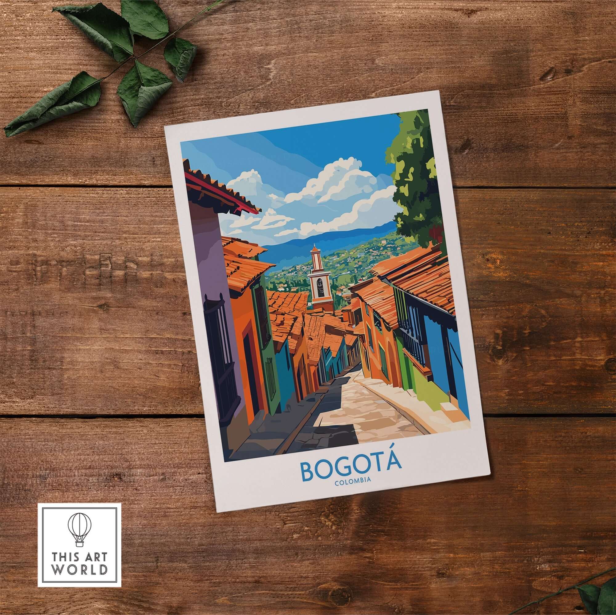 Bogota Travel Poster showcasing a colorful street scene in Colombia's capital city, perfect for home decor.