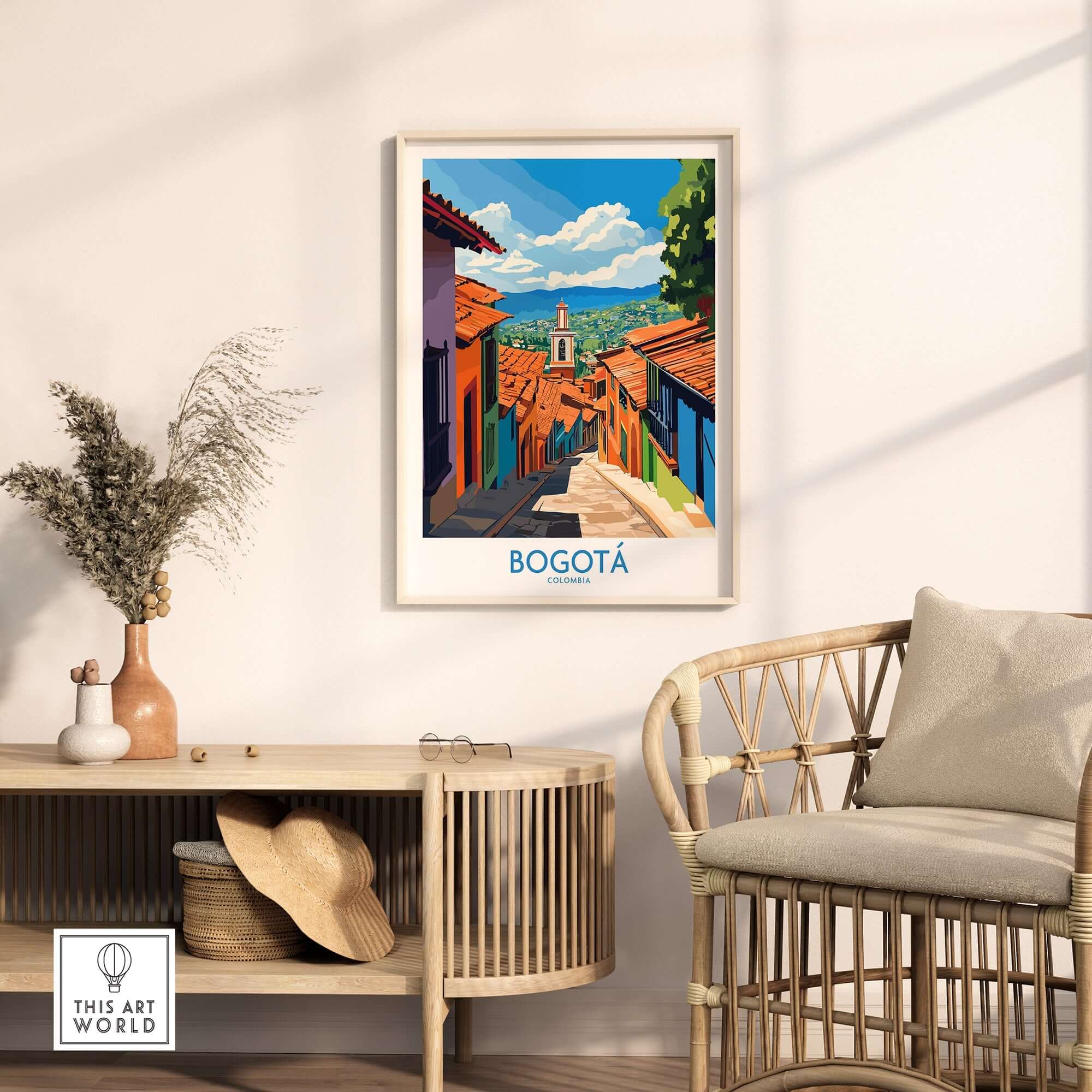 Bogota Travel Poster showcasing colorful streets and vibrant architecture in a stylish interior setting.