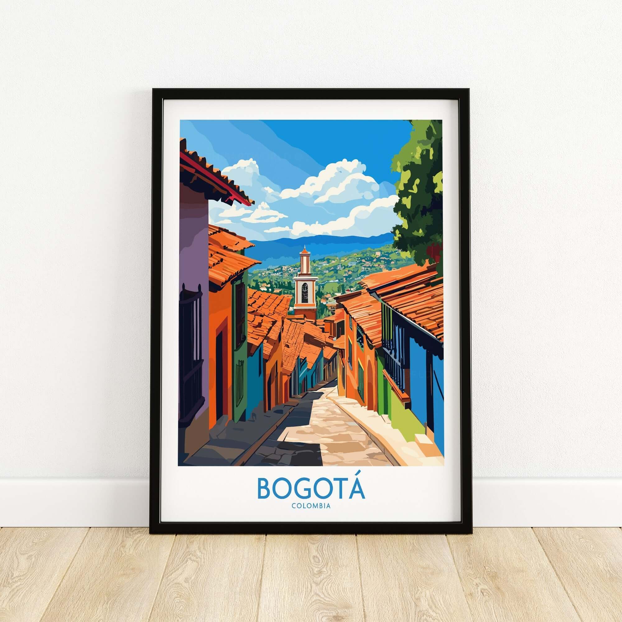 Bogota Travel Poster showcasing a colorful street scene with vibrant buildings and picturesque hills in Colombia.