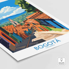 Bogota Travel Poster featuring vibrant streets and colorful rooftops of Colombia's capital city.