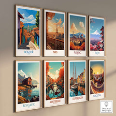 Bogota Travel Poster collection featuring vibrant cityscapes of global destinations including Bogotá, Paris, and Florence.