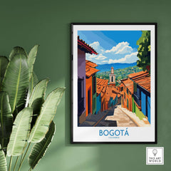 Bogota Travel Poster showcasing vibrant streets and colorful architecture of Colombia's capital city.