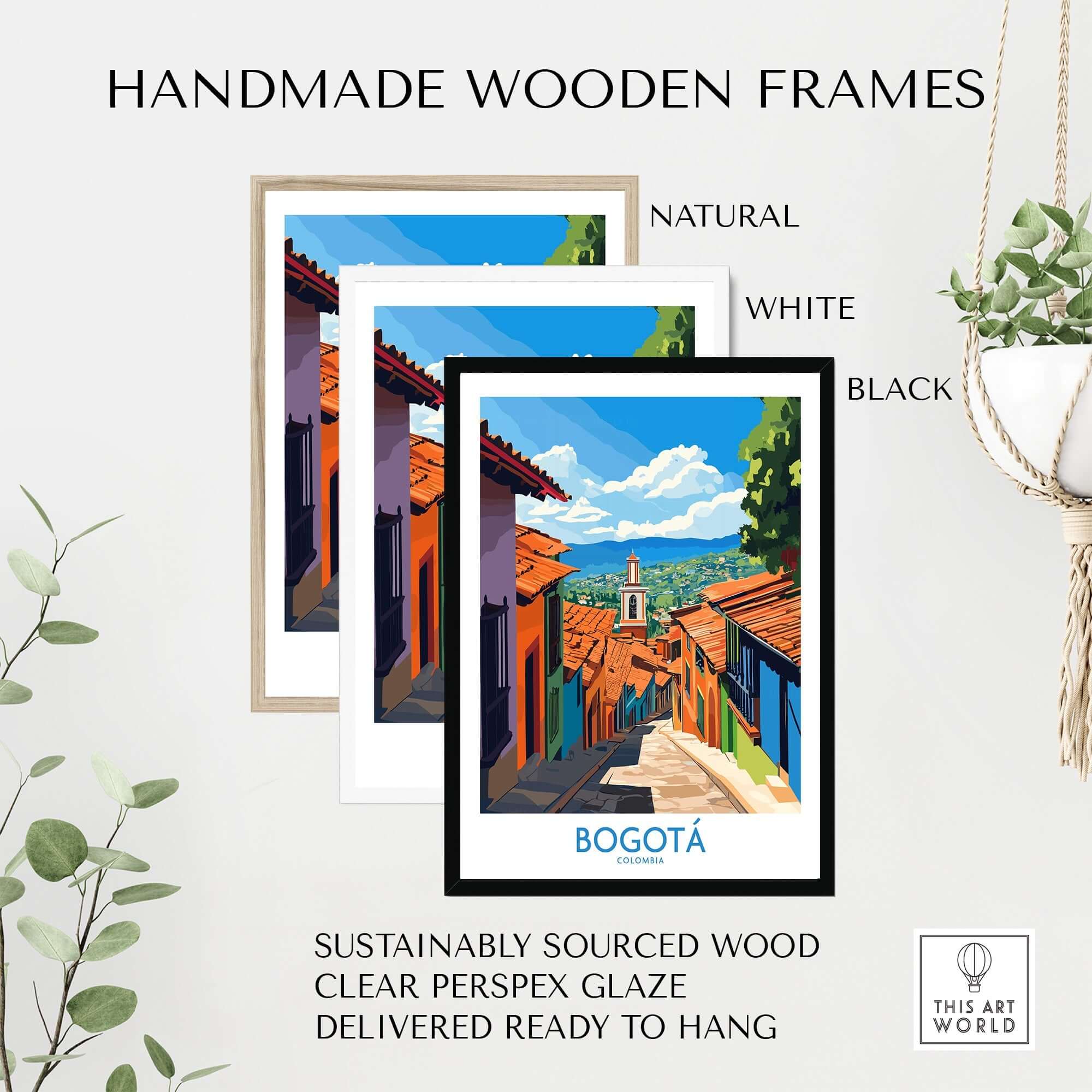 Bogota Travel Poster framed in handmade wooden frames in natural, white and black finishes.