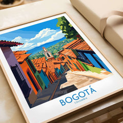 Bogota Travel Poster featuring a vibrant view of colorful streets in Bogota, Colombia