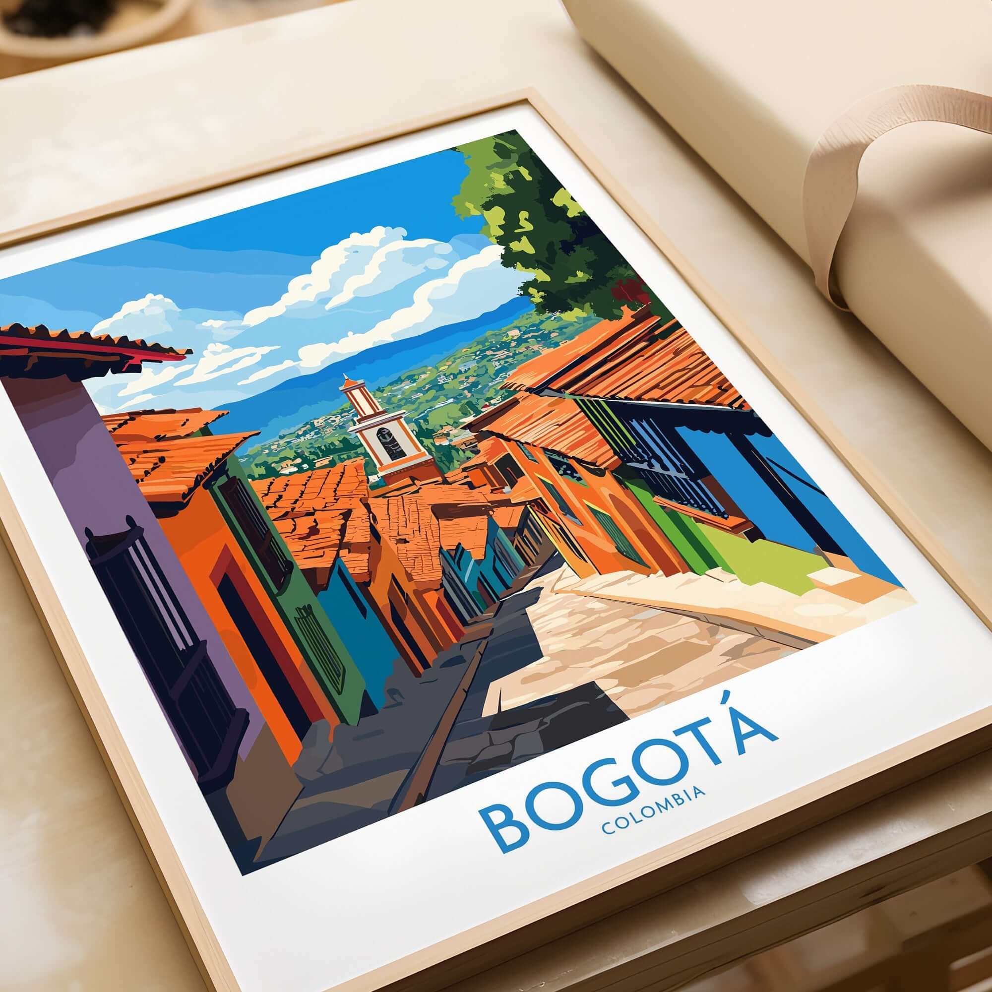 Bogota Travel Poster featuring a vibrant view of colorful streets in Bogota, Colombia