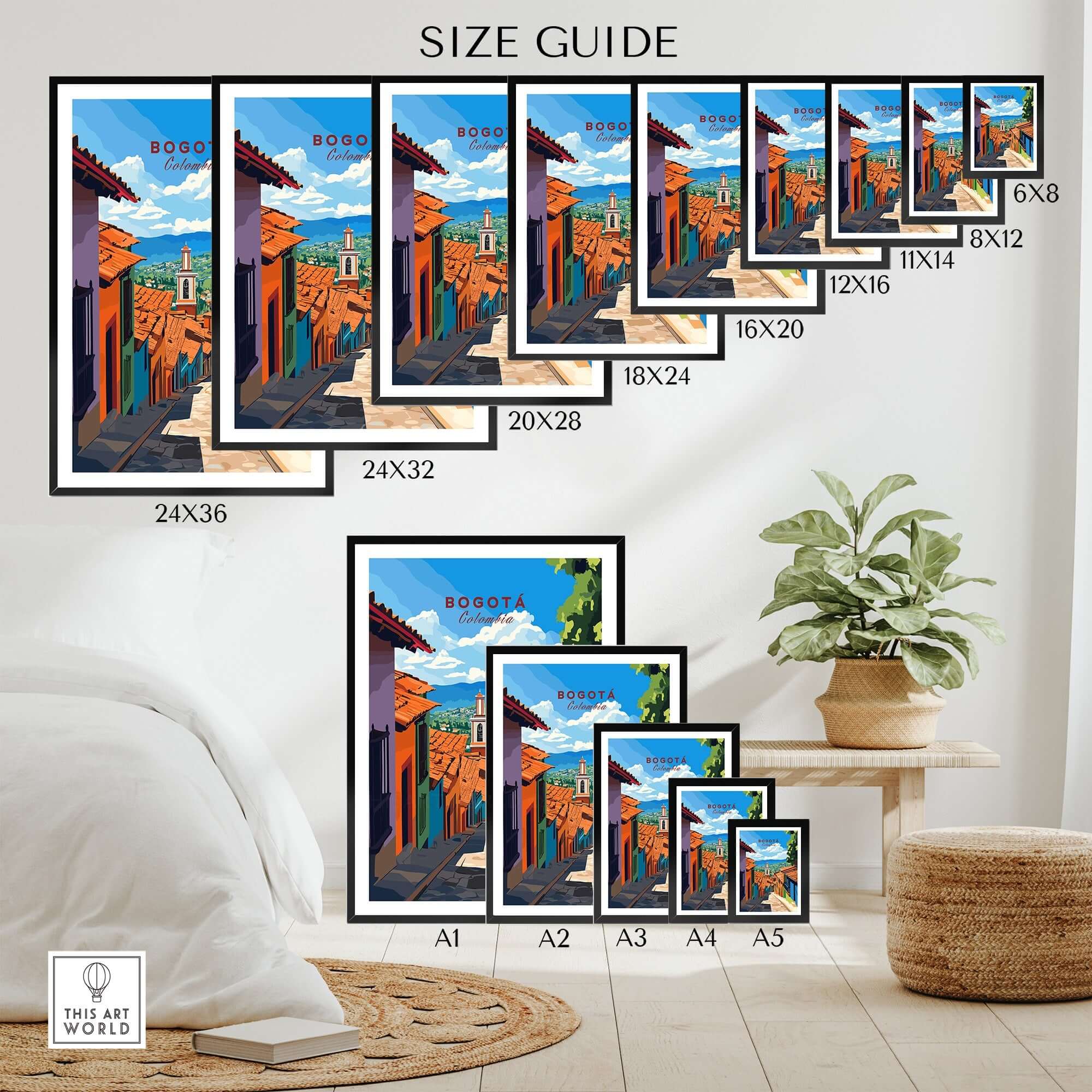 Bogota Travel Print size guide showcasing various frame sizes and vibrant artwork of Bogota's colorful streets.