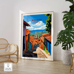 Bogota Travel Print showcasing a colorful street scene of Bogota, Colombia in a stylish interior setting.