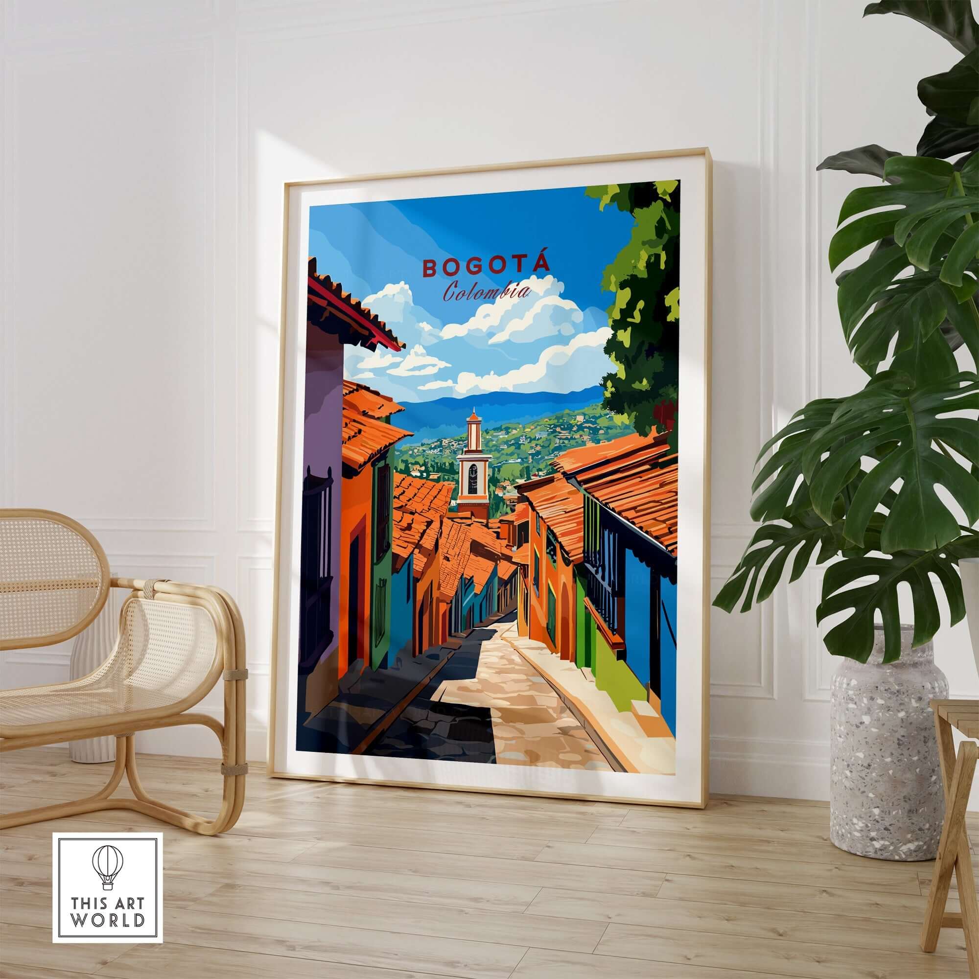 Bogota Travel Print showcasing a colorful street scene of Bogota, Colombia in a stylish interior setting.