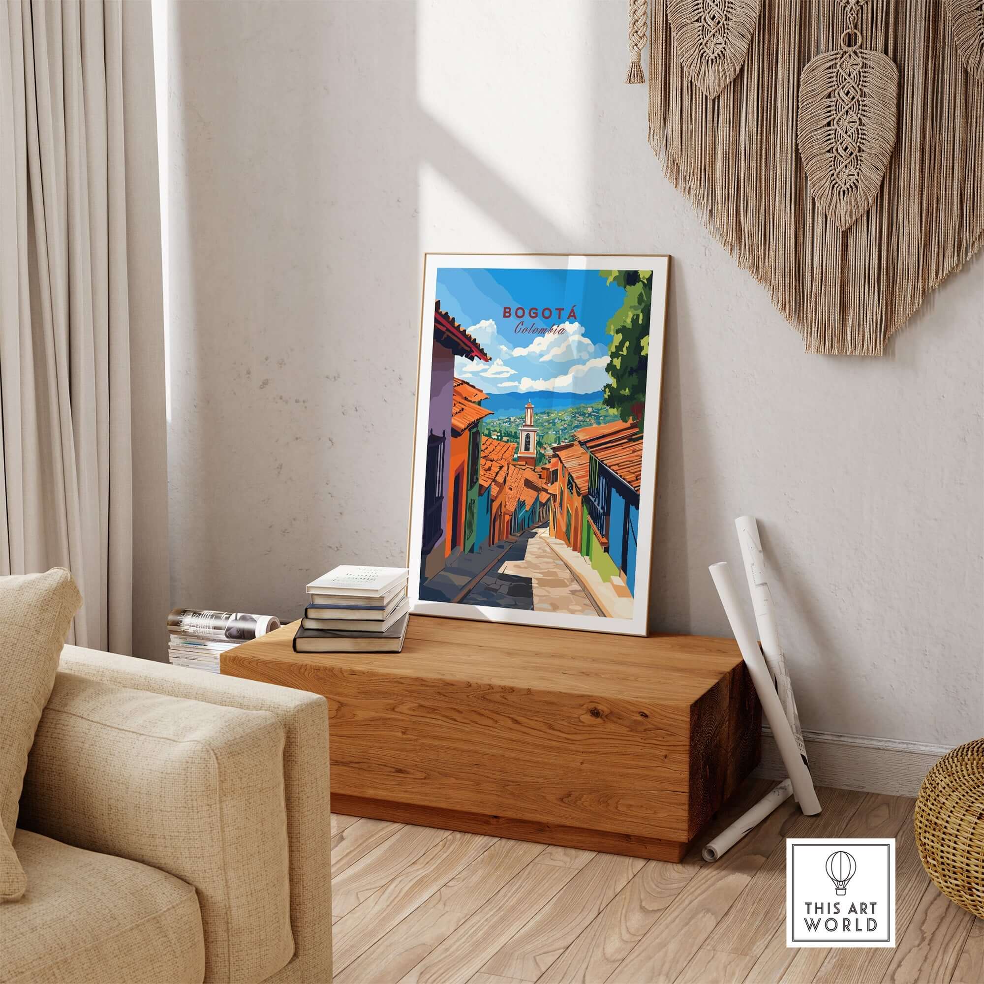 Bogota Travel Print showcasing colorful streets of Bogota, Colombia, perfect for travel lovers and home decor.
