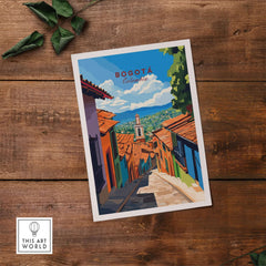 Bogota Travel Print featuring colorful streets and vibrant culture of Bogota, Colombia in a stunning art design.