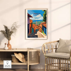 Bogota Travel Print showcasing a vibrant street scene, perfect for travel lovers and home decor.