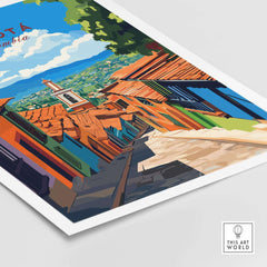 Bogota Travel Print depicting colorful rooftops and vibrant streets in Bogota, Colombia.