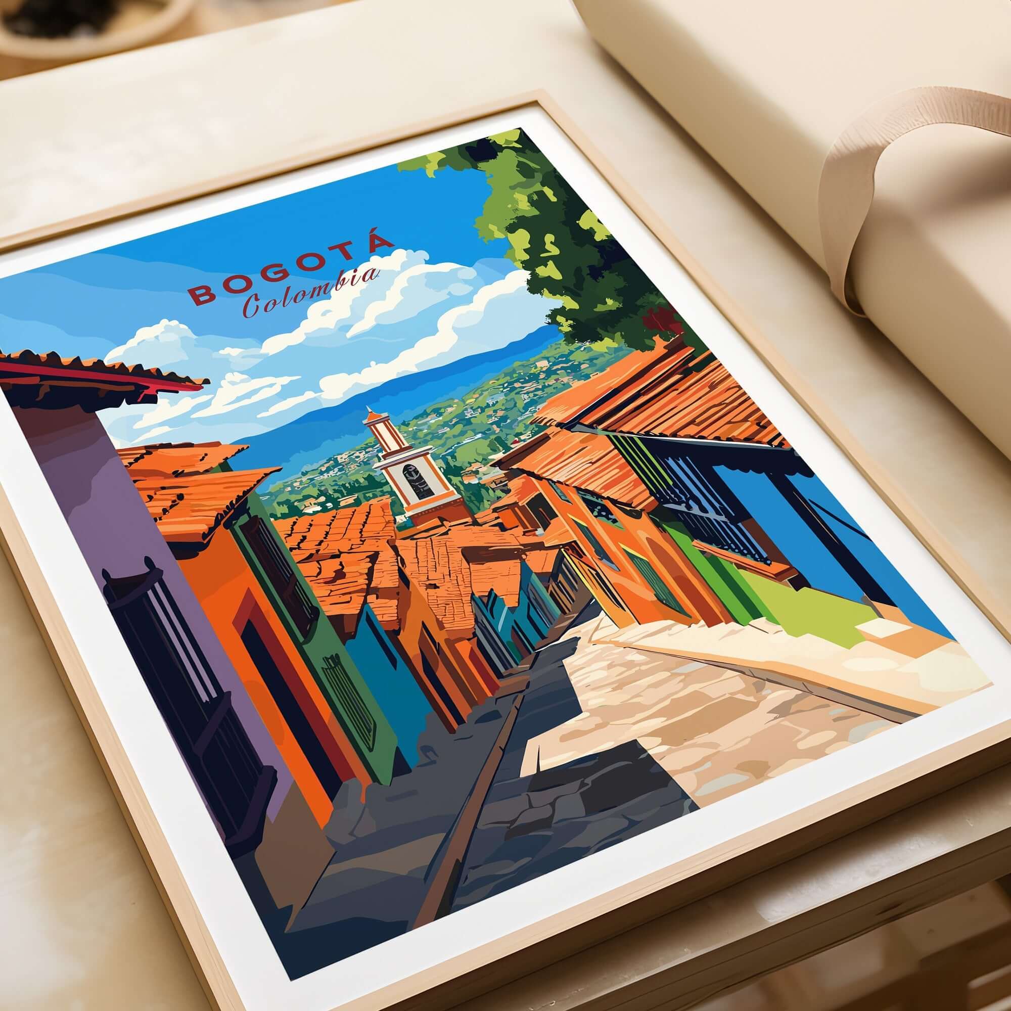 Bogota Travel Print showcasing a vibrant street scene in Bogota, Colombia, with colorful buildings and a scenic view.