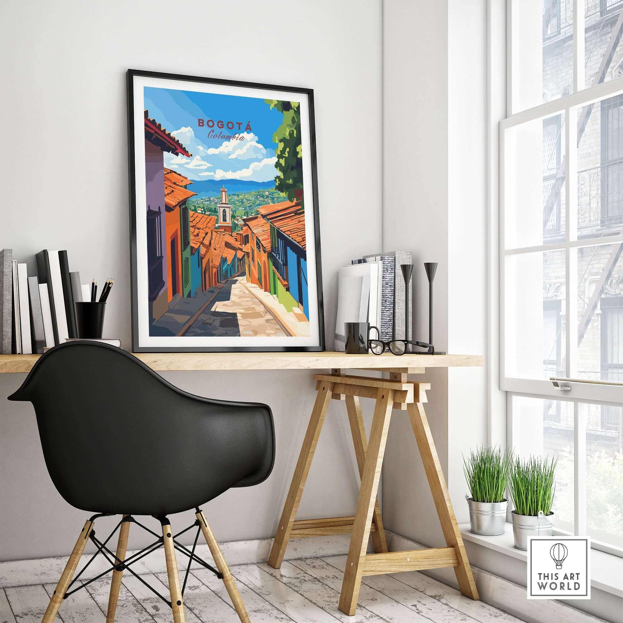 Bogota Travel Print displayed in a modern workspace, showcasing vibrant colors and dynamic culture of Bogota.