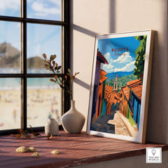 Bogota Travel Print showcasing colorful architecture and vibrant culture in a cozy interior setting.