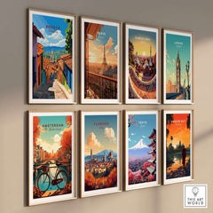 Bogota Travel Print and other city posters displayed in a stylish gallery wall arrangement.