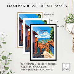 Bogota Travel Print displayed in handmade wooden frames in natural, white, and black finishes.