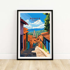 Bogota Travel Print showcasing a vibrant street scene in Bogota, Colombia with colorful buildings and scenic views.
