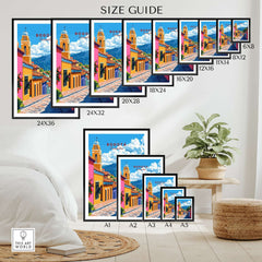 Bogota Wall Art size guide showcasing various frame sizes for cityscape prints.