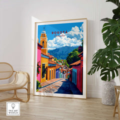 Bogota Wall Art showcasing a vibrant cityscape of Colombia in a stylish interior setting.