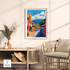 Bogota Wall Art featuring a colorful cityscape with vibrant buildings and mountains, perfect for home decor.