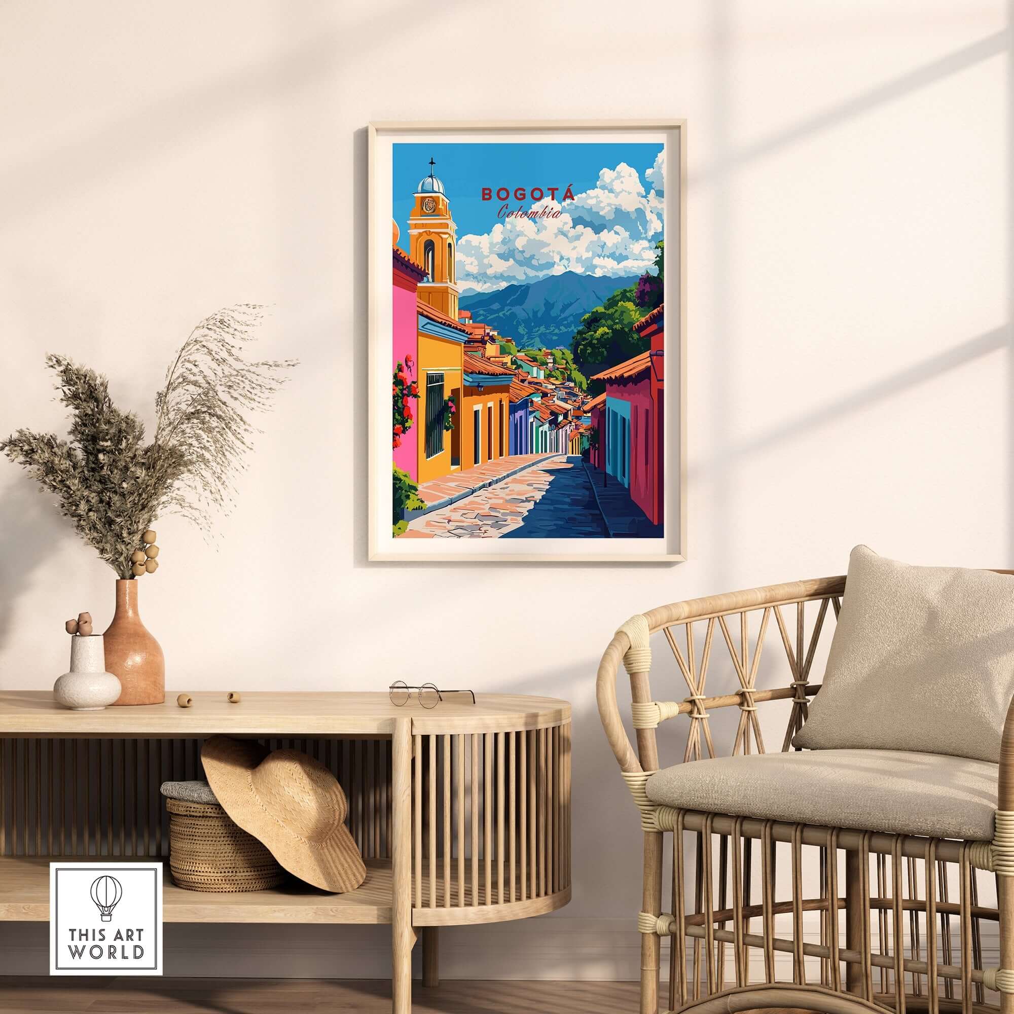 Bogota Wall Art featuring a colorful cityscape with vibrant buildings and mountains, perfect for home decor.