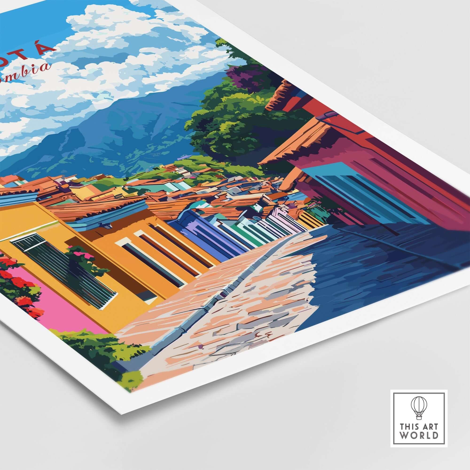 Bogota Wall Art depicting colorful city streets and scenic mountains in Colombia