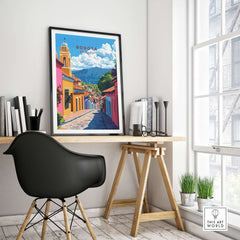 Bogota Wall Art displayed in a modern workspace, featuring vibrant city scenery and colorful architecture.