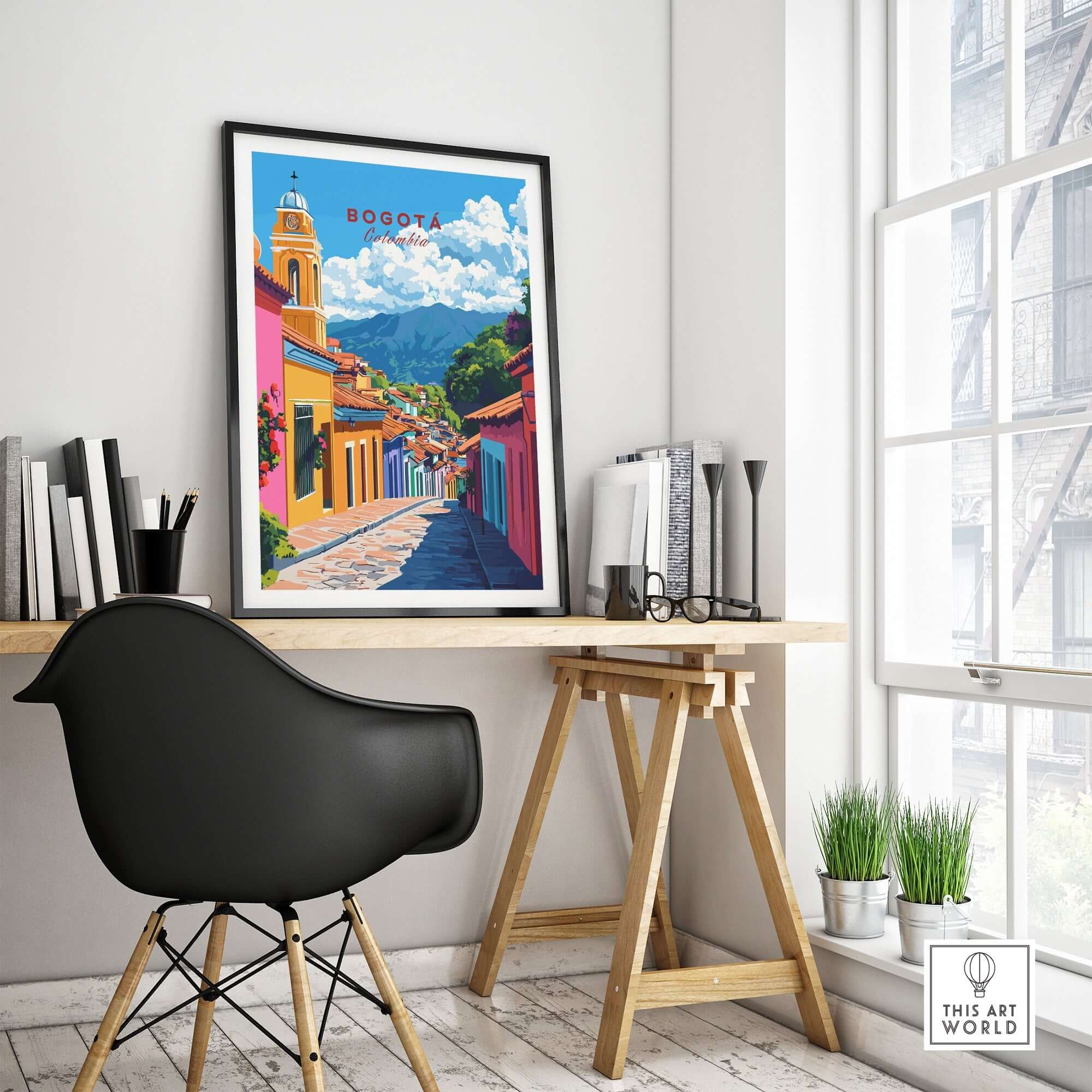 Bogota Wall Art displayed in a modern workspace, featuring vibrant city scenery and colorful architecture.