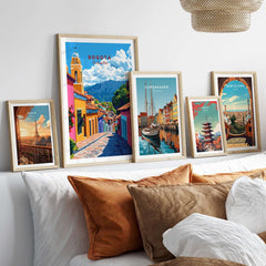 Bogota Wall Art framed print among other city-themed art pieces on a decorative wall.