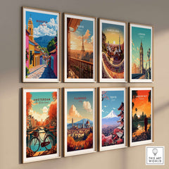 Bogota Wall Art collection featuring vibrant cityscapes including Paris, Barcelona, London, Amsterdam, Florence, and Tokyo.