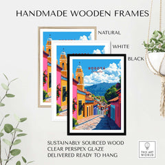 Bogota Wall Art displayed in handmade wooden frames, featuring vibrant colors and clear perspex glaze, ready to hang.